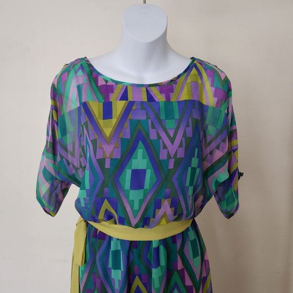 ADRIANNA PAPELL Green Yellow Purple  Geometric Print Cold Shoulder Sleeve Dress - Picture 5 of 11